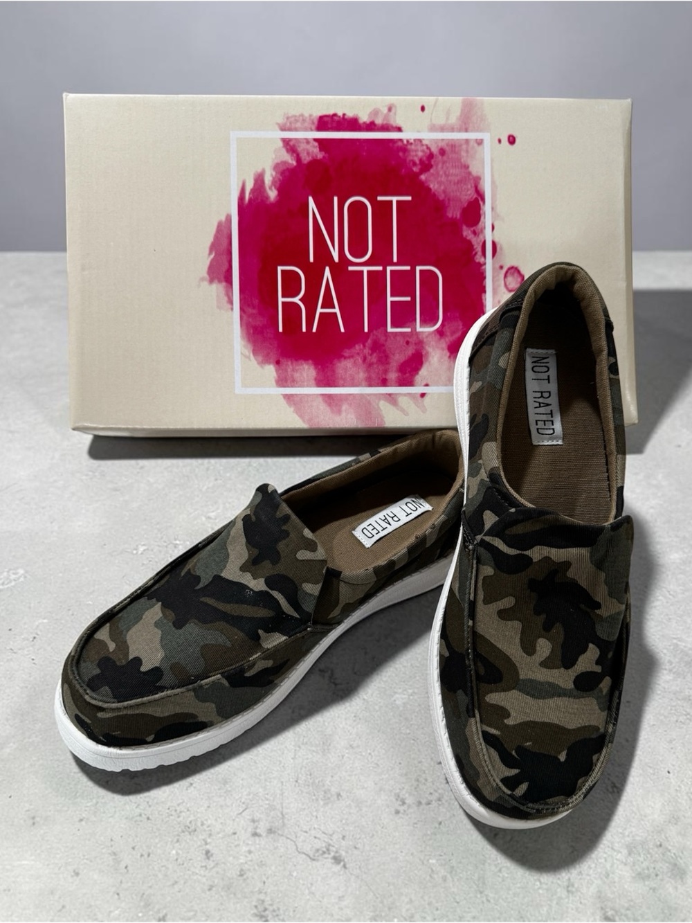 Not Rated Camo Slip On Sneakers Shoes Women’s Size 6 New In Box